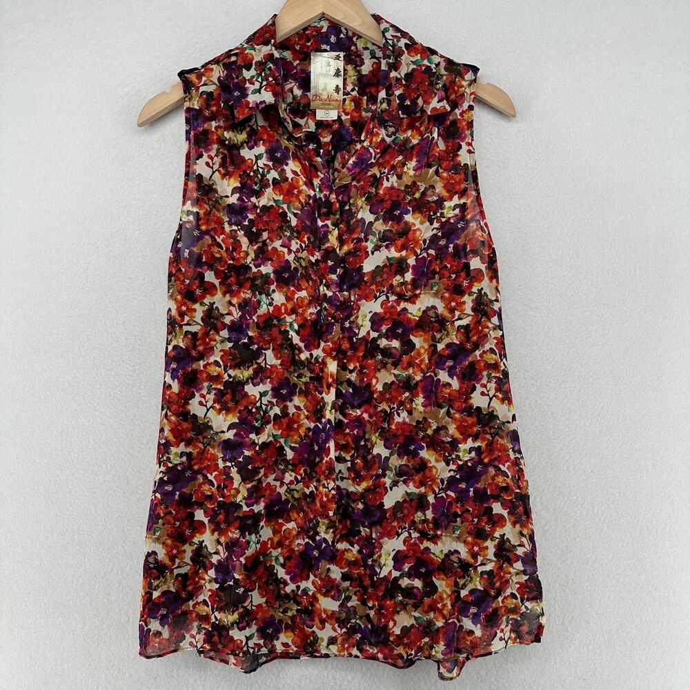 DA NANG Top Womens M Silk Crepe Button Up Floral Popover Tunic Sleeveless Orange